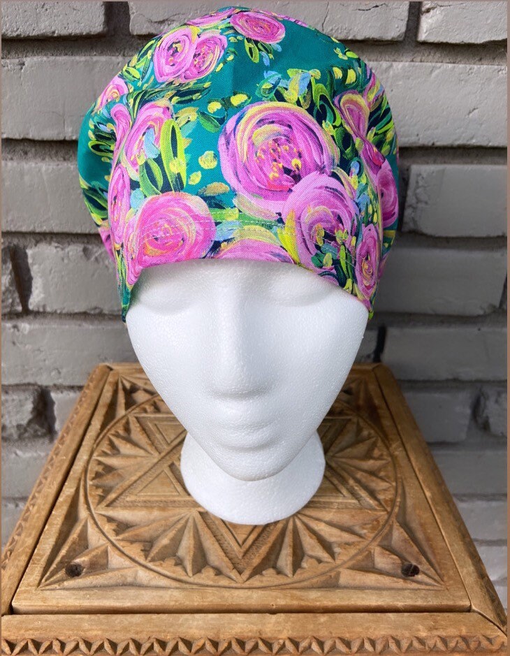Painted Floral on Teal Scrub Cap | Stitchy Witch Co. - StitchyWitch 