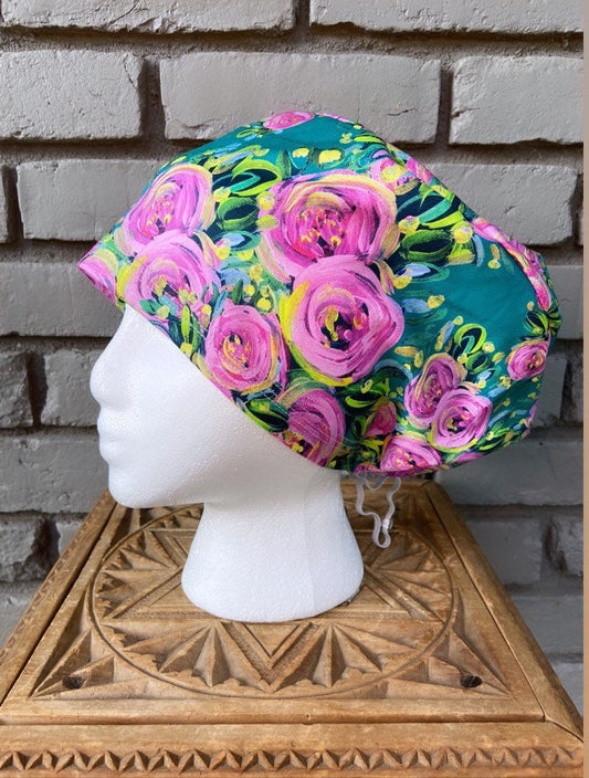 Painted Floral on Teal Scrub Cap | Stitchy Witch Co. - StitchyWitch 