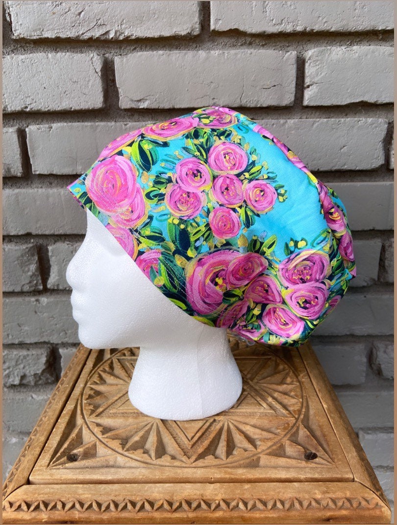 Painted Floral on Teal Scrub Cap | Stitchy Witch Co. - StitchyWitch 